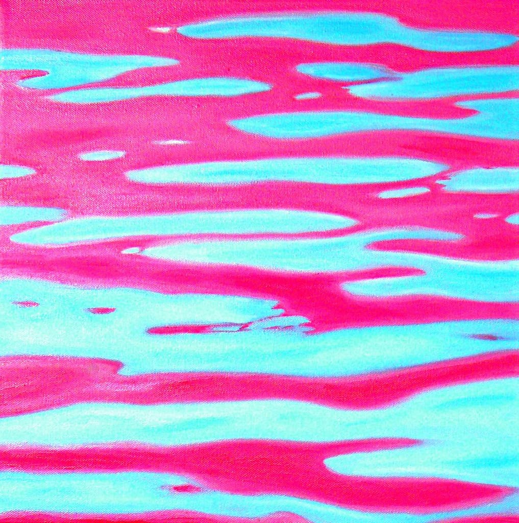 Abstraktes Bild mit fließenden, wellenförmigen Mustern in leuchtendem Rosa und Hellblau, die an Spiegelungen oder Wellen auf dem Wasser erinnern. Die Farben vermischen sich und überlagern sich, wodurch ein lebendiges, dynamisches Erscheinungsbild entsteht.