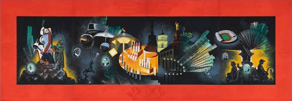 Ein farbenfrohes, surreales Wandgemälde mit rotem Rand zeigt abstrakte Formen, Autos, Gebäude, Scheinwerfer und Figuren, darunter Musiker und Tänzer, und vermischt Elemente aus Architektur, Musik und Bewegung in einer dynamischen Komposition.