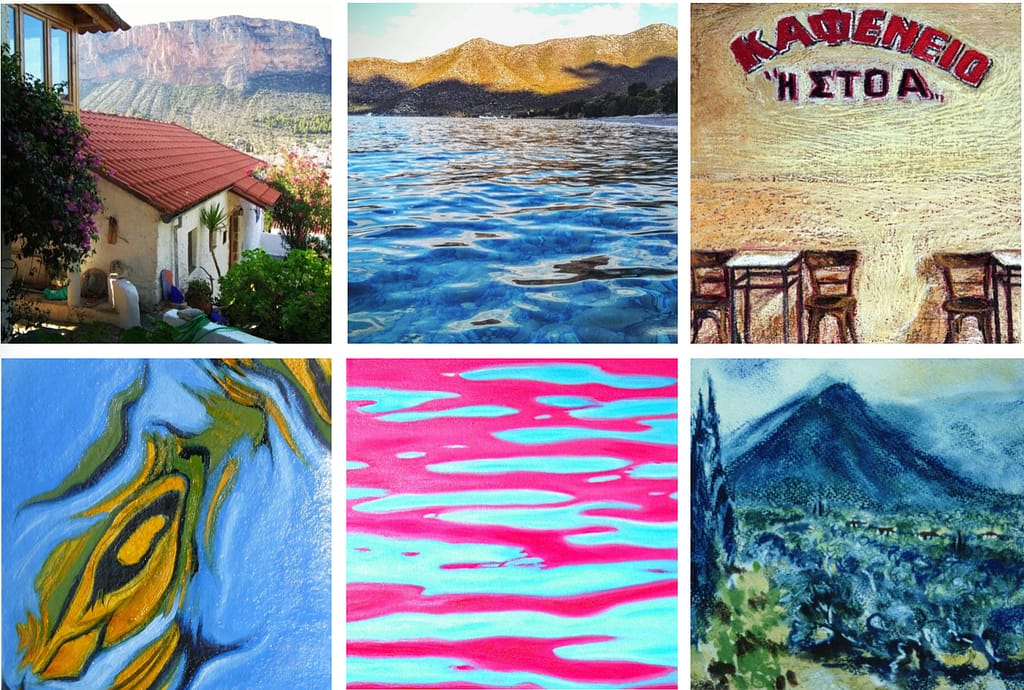 Eine Collage aus sechs Bildern: ein Haus mit rotem Dach, ein Bergsee, ein griechisches Café-Schild, ein abstraktes Fischgemälde, rosa und blaue Wasserreflexionen und ein Gemälde einer Berglandschaft mit Bäumen.