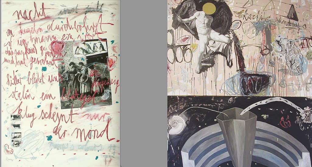 Gemäldeinstallation aus gemischten Medien, das in zwei Abschnitte unterteilt ist. Der linke Abschnitt enthält handgeschriebenen Text und Schwarzweißbilder; der rechte Abschnitt enthält abstrakte Figuren und ein himmlisches Thema mit Engeln und einem Brunnen neben abstrakten Formen und Farbspritzern.