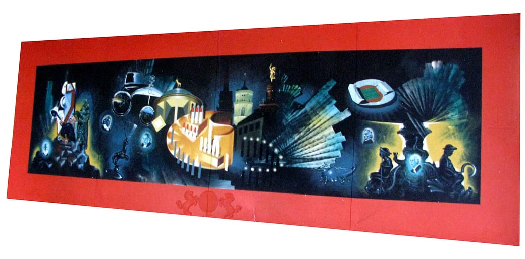 Ein lebendiges, surreales Wandbild mit futuristischer Architektur, abstrakten Formen und himmlischen Elementen. Die Szene umfasst ein markantes Gebäude, ein Stadion und mechanische Objekte vor einem dunklen, kosmischen Hintergrund, alles eingerahmt von einem kräftigen roten Rand.