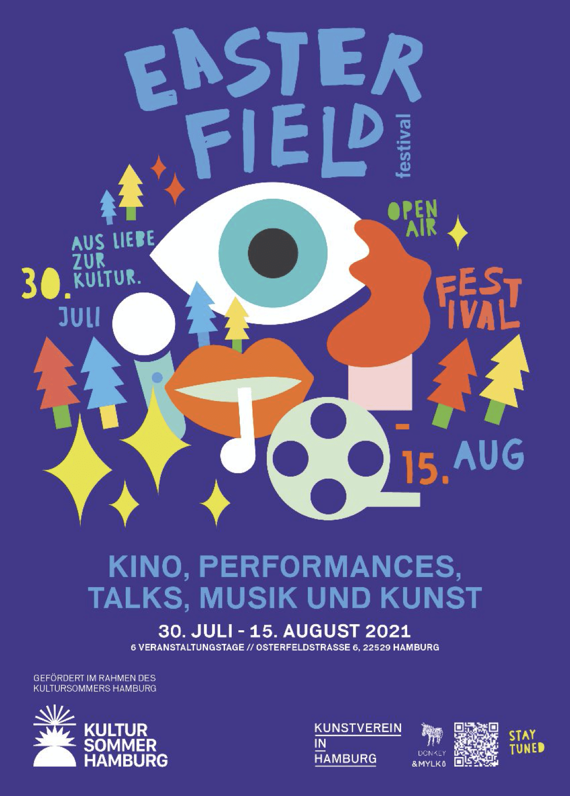 Farbenfrohes Plakat für das Easterfield Festival in Hamburg, das die lebendige Hamburger Kulturszene ins Rampenlicht rückt. Genießen Sie vom 30. Juli bis 15. August 2021 Kino, Performances, Vorträge, Musik und Kunst. Abstrakte Illustrationen und Sponsorenlogos zieren den unteren Teil.