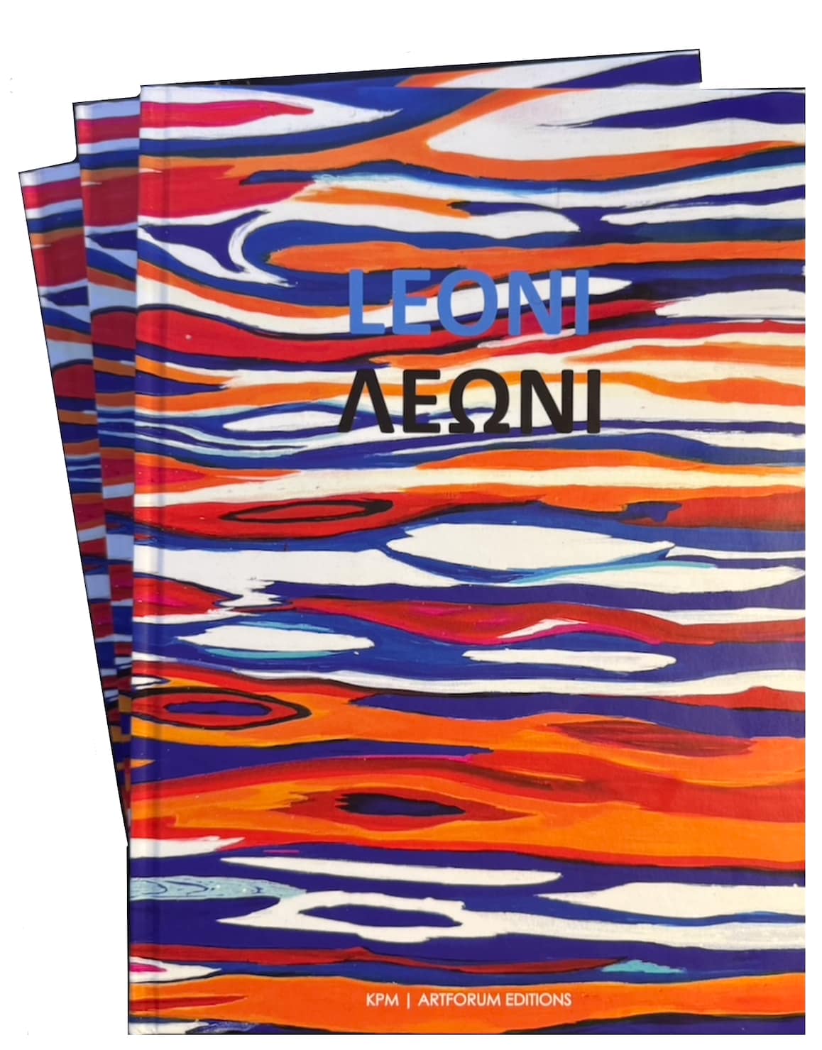 Drei Kunstbücher mit abstraktem, orange-blau-weißem Wellendesign, betitelt mit „LEONI“ in lateinischen und griechischen Buchstaben. Der Verlag „KPM | ARTFORUM EDITIONS“ ist unten vermerkt.