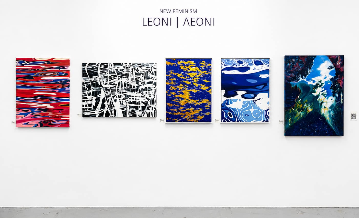 Fünf abstrakte Gemälde mit roten, schwarzen, weißen, blauen und bunten Mustern sind in einer Reihe an einer weißen Wand unter dem Text „NEW FEMINISM LEONI | ΛΕΟΝΙ“ ausgestellt. Neben dem letzten Gemälde befindet sich zudem ein QR-Code.
