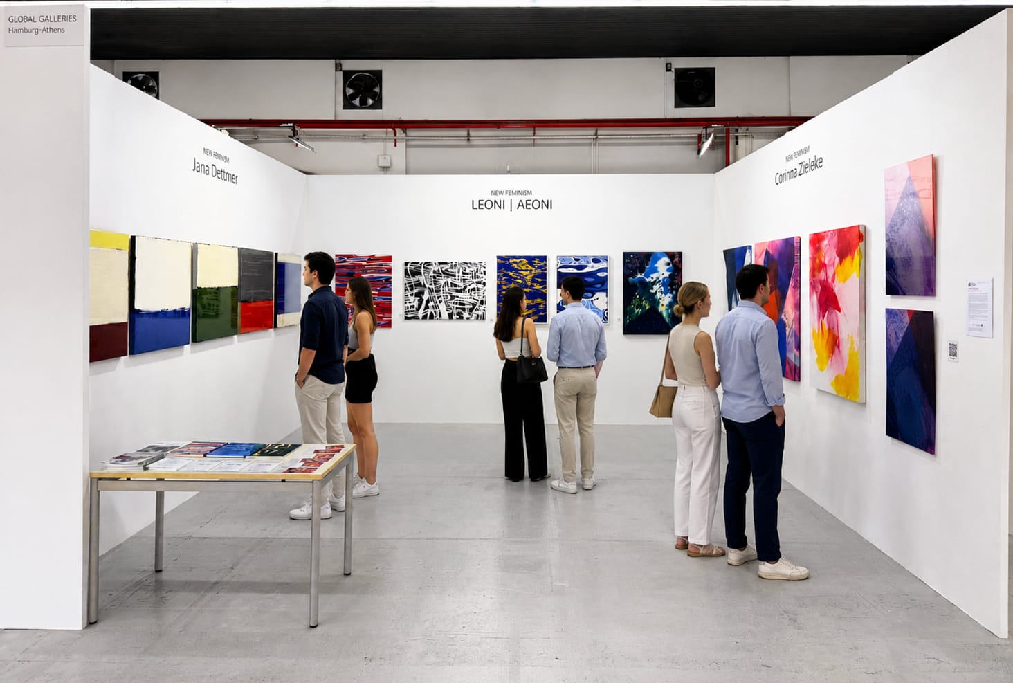 Sechs Personen betrachten farbenfrohe abstrakte Gemälde, die an den weißen Wänden einer Kunstgalerie ausgestellt sind. Im Vordergrund steht ein Tisch mit Büchern und Broschüren. Die Galerie ist hell und modern.