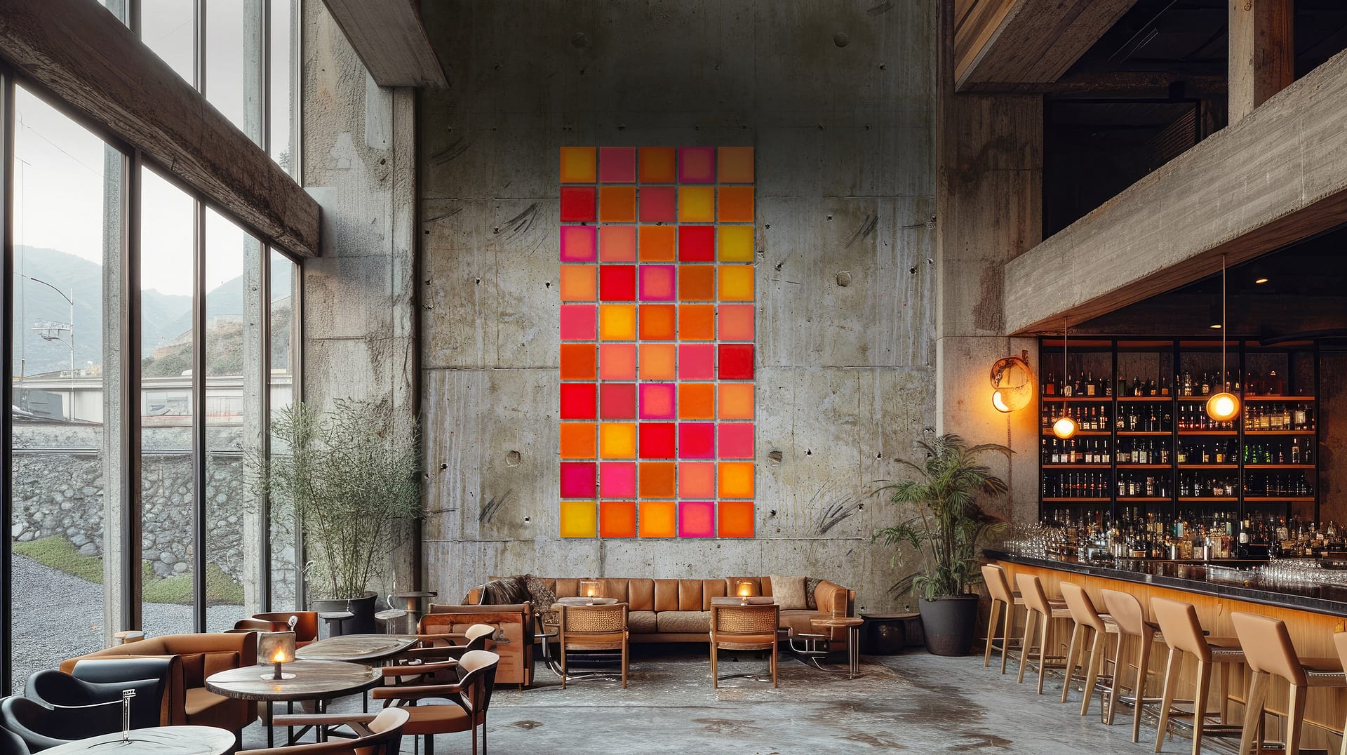 Jana Dettmer. Eine moderne Bar mit raumhohen Fenstern, hellbraunen Ledersitzen und einer Betonwand mit einem bunten Gitter aus orangefarbenen, roten und rosafarbenen Quadraten als Kunst. Die Bar ist gut bestückt und warm beleuchtet.
