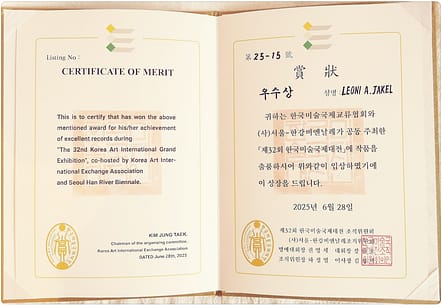 "Certificate of Merit" für Leoni A. Jakel, verliehen von der Korea Art International Exchange Association.