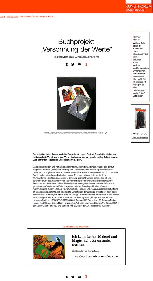Zolper, Versöhnung der Werte, ArtForum Editions, Bericht in Kunstforum international 12.2023