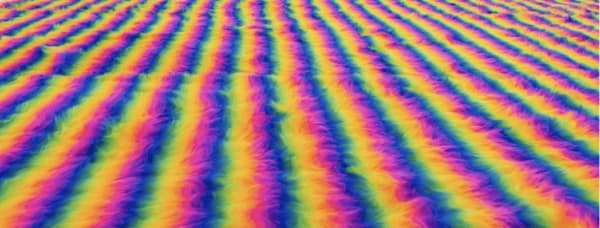 Ein farbenfrohes Muster aus flauschigen, gewellten Linien in einem Farbverlauf des Regenbogens, darunter Rot, Orange, Gelb, Grün, Blau und Lila, erinnert mit seiner dynamischen und künstlerischen Textur an die lebendige Energie von OSTRALE O21.