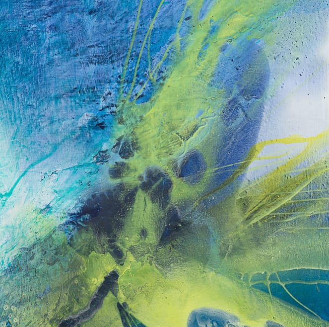 Zieleke, Corinna, Under pressure 2 # 02_0070. 2023. acrylic glass print. Abstraktes Gemälde in Blau, Gelb und Grün.