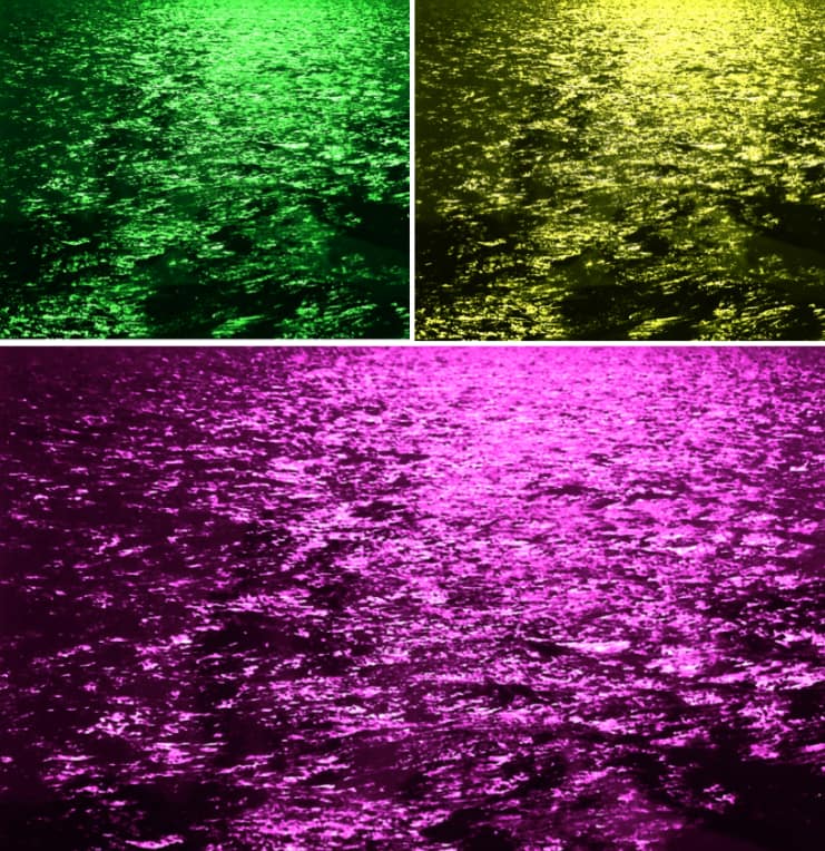 Drei Bilder von schimmerndem Wasser: Das Bild oben links ist grün getönt, das Bild oben rechts gelb getönt und das Bild unten magentafarben. Jeder Ausschnitt hebt das Licht hervor, das vom plätschernden Wasser reflektiert wird, und fängt so ein Gefühl von Bewegung und Farbe ein, das an die Fotografie von Heinz Günter Mebusch erinnert.