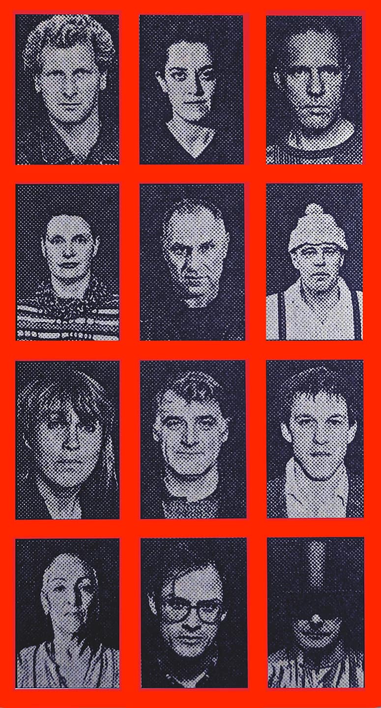 Ein Raster aus 12 Schwarz-Weiß-Porträts, drei Spalten mal vier Zeilen, auf leuchtend rotem Hintergrund. Jedes Porträt zeigt eine andere Person mit unterschiedlichen Gesichtsausdrücken und Kleidungsstilen, was den unverwechselbaren Stil von Heinz Günter Mebusch Fotografie widerspiegelt.